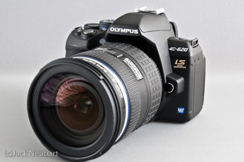 Olympus E-620 with 12-60mm SWD lens (front view). The E-620 proves that the Four Thirds format is not simply a fly-by-night attempt to improve the genre. This digital format will be here for a very long time. The 12-60mm SWD lens is a good choice as a first lens. But I do think it's overpriced. Copyright  ©2009 Jack Neubart. All rights reserved.