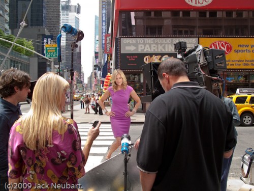 In entertainment news. I was in Times Square (in New York City) when I came upon this scene involving a celebrity reporter preparing to shoot the intro for a daily entertainment TV show. The G10 came in handy. I just pulled it out of a vest pocket, set focal length to the widest position (to encompass the entire scene before me) and shooting mode to Program AE. When I shot tighter, I added flash, but that was inappropriate given the people right in front of me--although they did work nicely as a framing device. ISO 100, 1/160, f/4. Copyright  ©2009 Jack Neubart. All rights reserved.