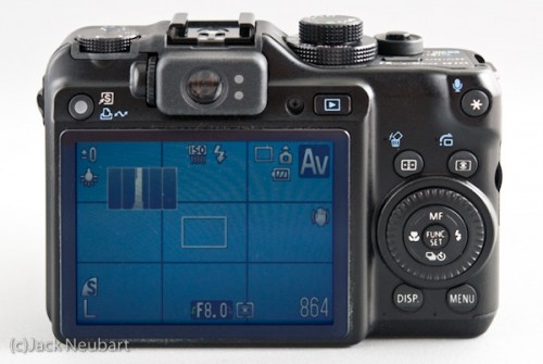 Canon G10 - back. Many of the key function buttons are found here. More importantly, the large LCD is a full-information viewfinder, including AF frame and live histogram. This LCD is your lifeline to shooting with the G10, so get used to it. Copyright  ©2009 Jack Neubart. All rights reserved.