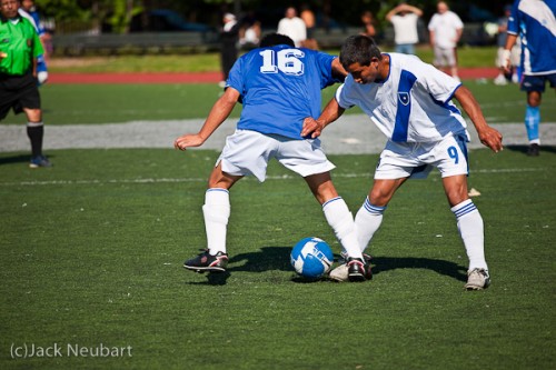 Live-Action Soccer. All these shots were taken with the 70-200mm f/4 lens (generally zoomed out), with the camera in shutter-priority mode and set to 1/800 second to freeze movement as best as possible without the need to crank up ISO to outrageous levels (ISO was set to 400 for most exposures, with the first three frames at ISO 100), while delivering a usable f-stop (which often ended up at or near maximum aperture). A number of frames were cropped, but certainly not all, the intent being to focus attention on the play in motion--in particular, the sequential exposures occurring within a hair's breadth of each other. AF was set to continuous focus tracking, and with few exceptions the camera did an admirable job. Copyright  ©2009 Jack Neubart. All rights reserved.