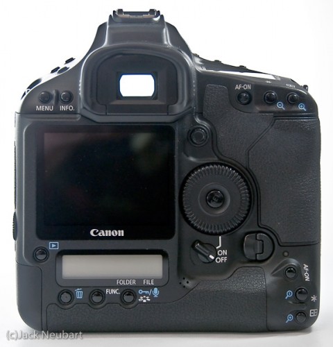 Canon EOS 1Ds Mark III - back. As you can see, this camera has lots of buttons, and not all of them readily accessible without diverting attention away from the subject. The large color monitor can be used for live view, but only with manual focusing, which, in my view, defeats the purpose of this feature. Copyright  ©2009 Jack Neubart. All rights reserved.