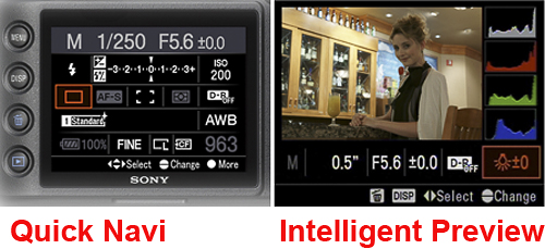 While the A850 is equipped with a series of analog controls, the Quick Navi screen provides quick access to many features. Note too that the camera offers a very useful feature, Intelligent Preview, a temporary image that changes to reflect the modifications made exposure, White Balance and the DRO level.