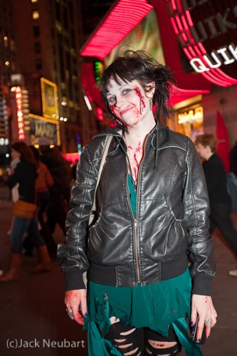A typical night in New York City. It turns out that the movie Zombieland was premiering nearby and everyone came dressed for the occasion. I obviously used flash (Canon 430EX) for these shots. The 16-35 lens was at 16mm for the "I almost got bit by a zombie" shot; 35mm for the others. Copyright  ©2009 Jack Neubart. All rights reserved.
