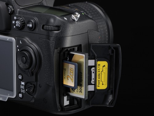 <strong>Nikon D300S-card slots.</strong> To my way of thinking, the most outstanding new feature on the D300S is the dual-slotted memory card compartment. It now holds both CF and SD, which can work in tandem. <strong> <i>Photo courtesy Nikon.</strong> </i>