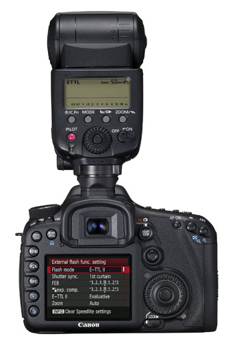 Canon 7D-back. Here you can see one of the many menu screens, this one governing the 580EX II flash seated in the hot shoe. Canon photo.