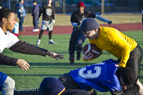 Amateur Football with Continuous Autofocus. I captured this series with the 7D and 18-200mm IS lens with the lens at 200mm (= 320mm) for most shots, except the tackle (lens at 130mm). Note the rapid sequence-do you really need a faster burst rate? I had to adjust white balance for this entire series in particular.  ©Jack Neubart. All rights reserved.