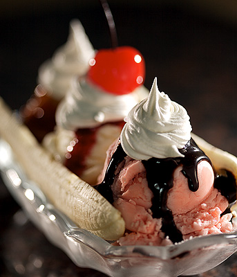 Fake ice cream, real bananas, real chocolate sauce, real cool whip, fake cherry