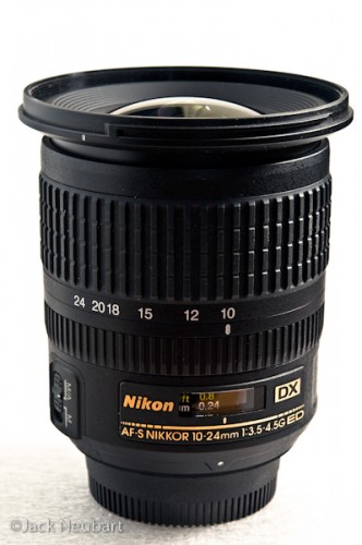 Nikon AF-S DX Zoom-Nikkor 10-24mm f/3.5~4.5G ED. Effectively a 15-36mm zoom (with 1.5X sensor factor), this lens is relatively compact and lightweight. It offers a choice between fully manual and AF with manual override via an onboard switch. And unlike a fisheye or even the 14-24, the front element is not bulbous enough to prevent use of a filter--77mm. Copyright  ©2009 Jack Neubart. All rights reserved.