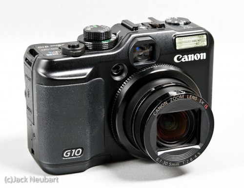 Canon G10 (front). The compact Canon G10 features an equally compact 5X zoom. Startup is quite fast--fast enough so as not to miss a vital shot. Copyright  ©2009 Jack Neubart. All rights reserved.