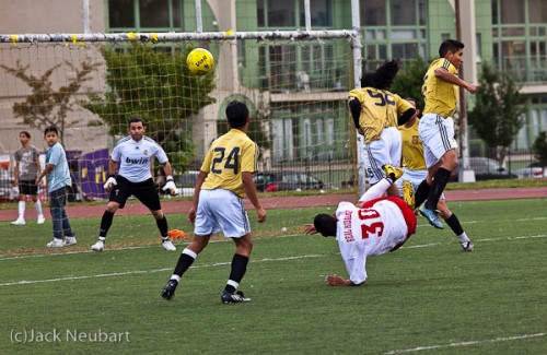 Soccer. I had just put camera to eye when I saw this action unfolding and quickly released the shutter (ISO 800/1/800 sec; shutter priority). While AI Servo (continuous AF) didn't work in every instance, notably when someone stepped in front of the camera, there was nothing to distract the sensor from capturing this moment. I did do some cropping, since I stood a bit far from the action, even with a 200mm f/2.8 lens. As for the doggie shot, well you can see the tie-in: to the victor go the spoils. This was another grab shot with the same lens. Copyright  ©2009 Jack Neubart. All rights reserved.