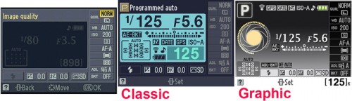 The D3000 offers two data display options, the familiar Classic and the new Graphic interface with indications as to the effect provided by various apertures and shutter speeds. In either display option, the Control Panel allows for making settings in the most frequently-used functions.