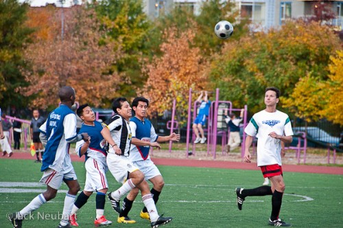 Soccer. With light levels low, I had to set ISO to 3200 so that I could use action-stopping shutter speeds. Shutter speeds went from 1/800 to 1/500, and finally down to 1/160, where you'll observe some motion blur. Continuous AF was employed. The point is, the camera managed to capture all this action without flinching-and it's not especially designed for this purpose. The 18-200 VR II lens did an awesome job as well. Copyright  ©2009 Jack Neubart. All rights reserved.