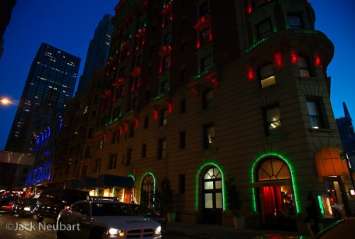 In the holiday spirit. When I saw this illuminated building against that dusky blue sky at 