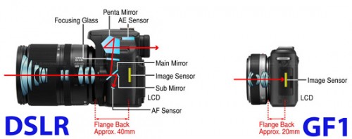 As this illustration of the Lumix DMC-GF1 versus the Lumix L10 DSLR indicates, a Micro Four-Thirds camera can be much smaller than a DSLR especially if it omits a viewfinder. Since the lenses are also smaller, the entire package is substantially more portable.