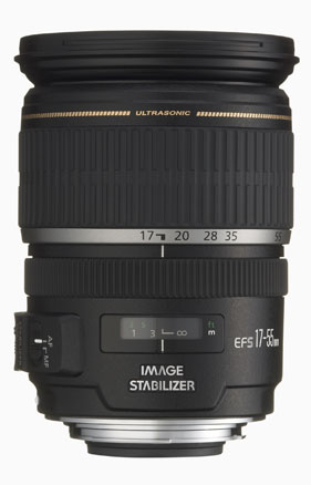 EF-S 17-55mm IS lens. Fairly well constructed mechanically, this lens does suffer from lens creep. Optically it receives a passing grade. Canon photo.