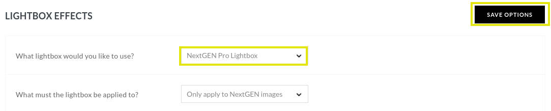 Under the section heading What lightbox would you like to use? there will be a dropdown menu. Select NextGEN Pro Lightbox. Then click on the Save Options button in the top right corner: