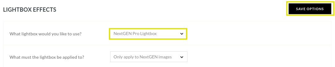 Under the section heading What lightbox would you like to use? there will be a dropdown menu. Select NextGEN Pro Lightbox. Then click on the Save Options button in the top right corner: